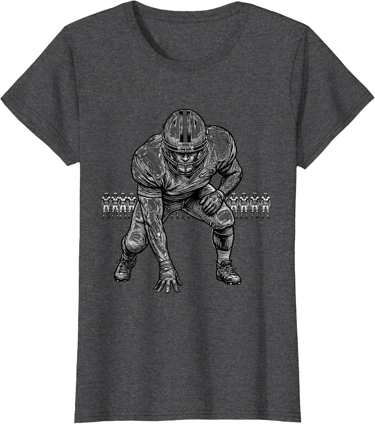 Women's Lineman Three-Point Stance Line Art Football Fan Humor T-Shirt - Dark Heather Grey