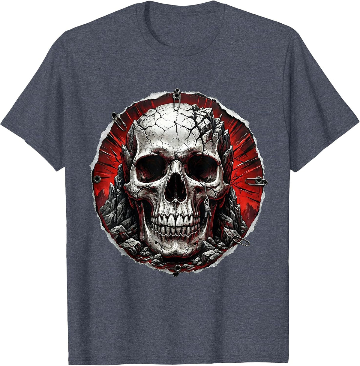 Rock Climber Hanging From Giant Skull Cliff T-Shirt - Heather Blue