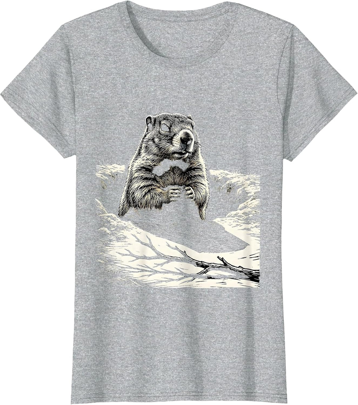 Groundhog Burrow Woodcut Funny Animal Humor T-Shirt - Heather Grey