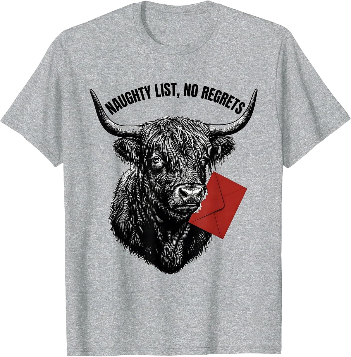 Men's Naughty List No Regrets Funny Highland Cow Farm Animal T-Shirt - Heather Grey