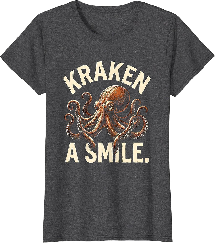 Women's Kraken A Smile Linocut Octopus Lover Marine Biology Humor T-Shirt - Dark Heather Grey