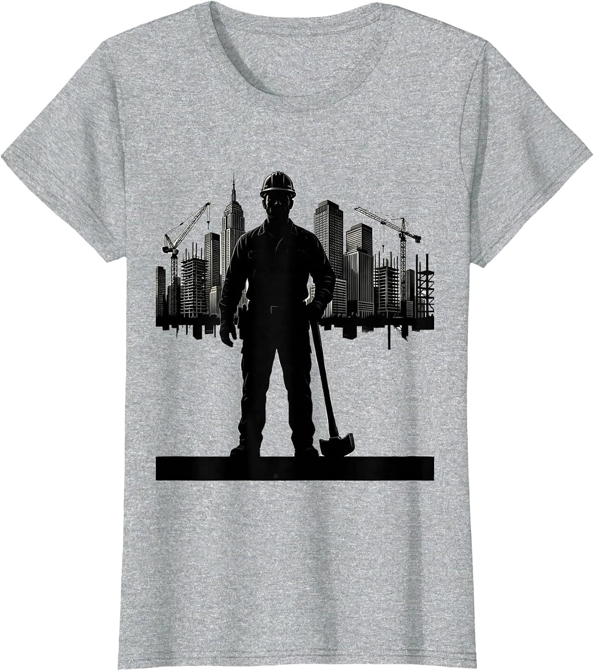 Construction Worker Silhouette City Skyline Graphic T-Shirt - Heather Grey