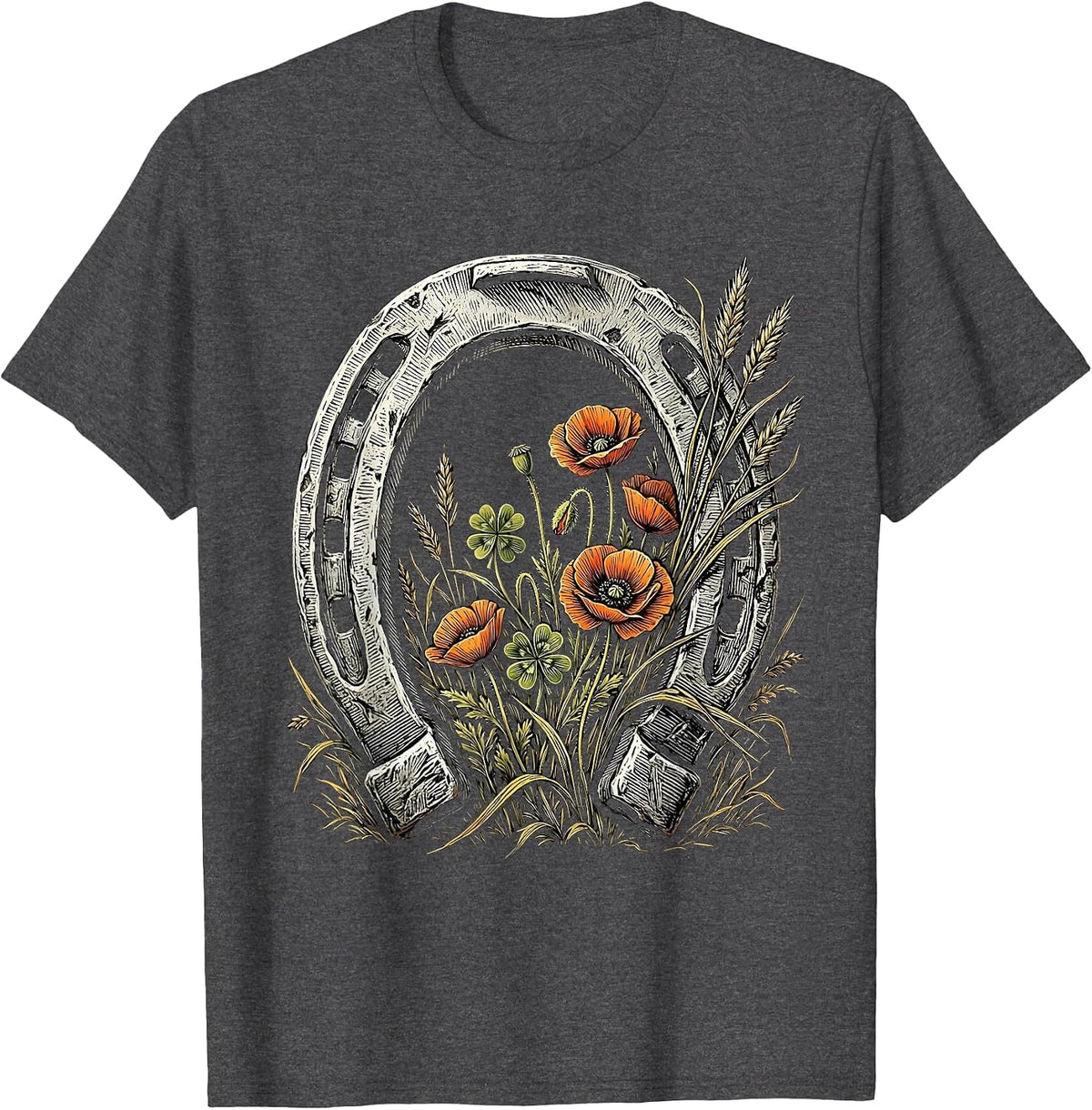 Men's Horseshoe Wildflowers Cowboy Western Floral Design T-Shirt - Dark Heather Grey