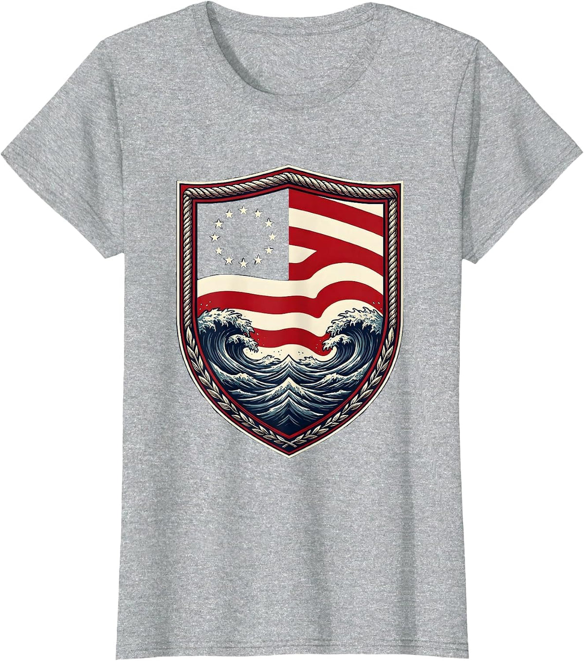 American Flag Stripes Melting Into Ocean Waves T-Shirt - Heather Grey