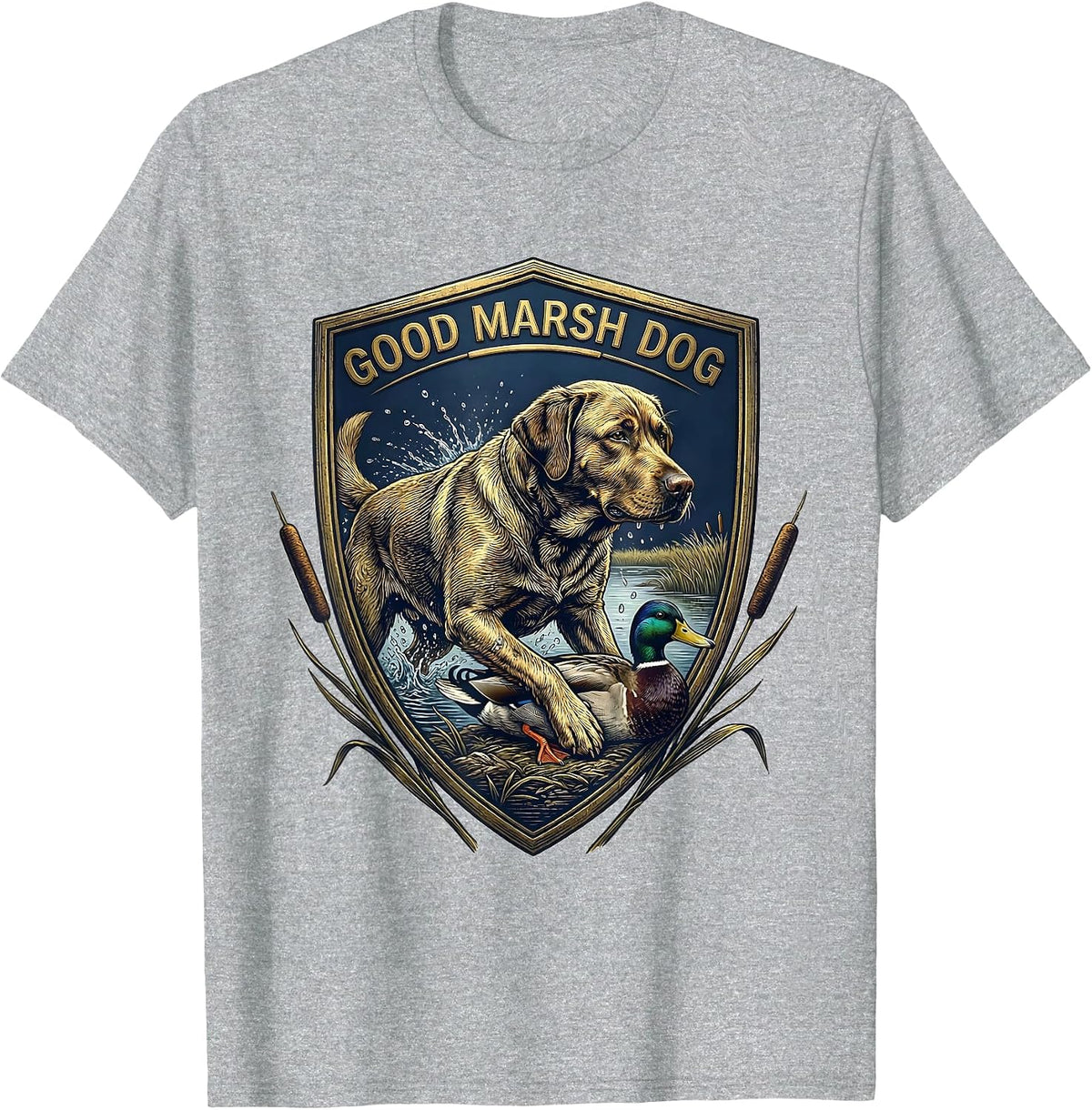 Men's Good Marsh Dog Vintage Emblem Labrador Hunting Dog Duck T-Shirt - Heather Grey