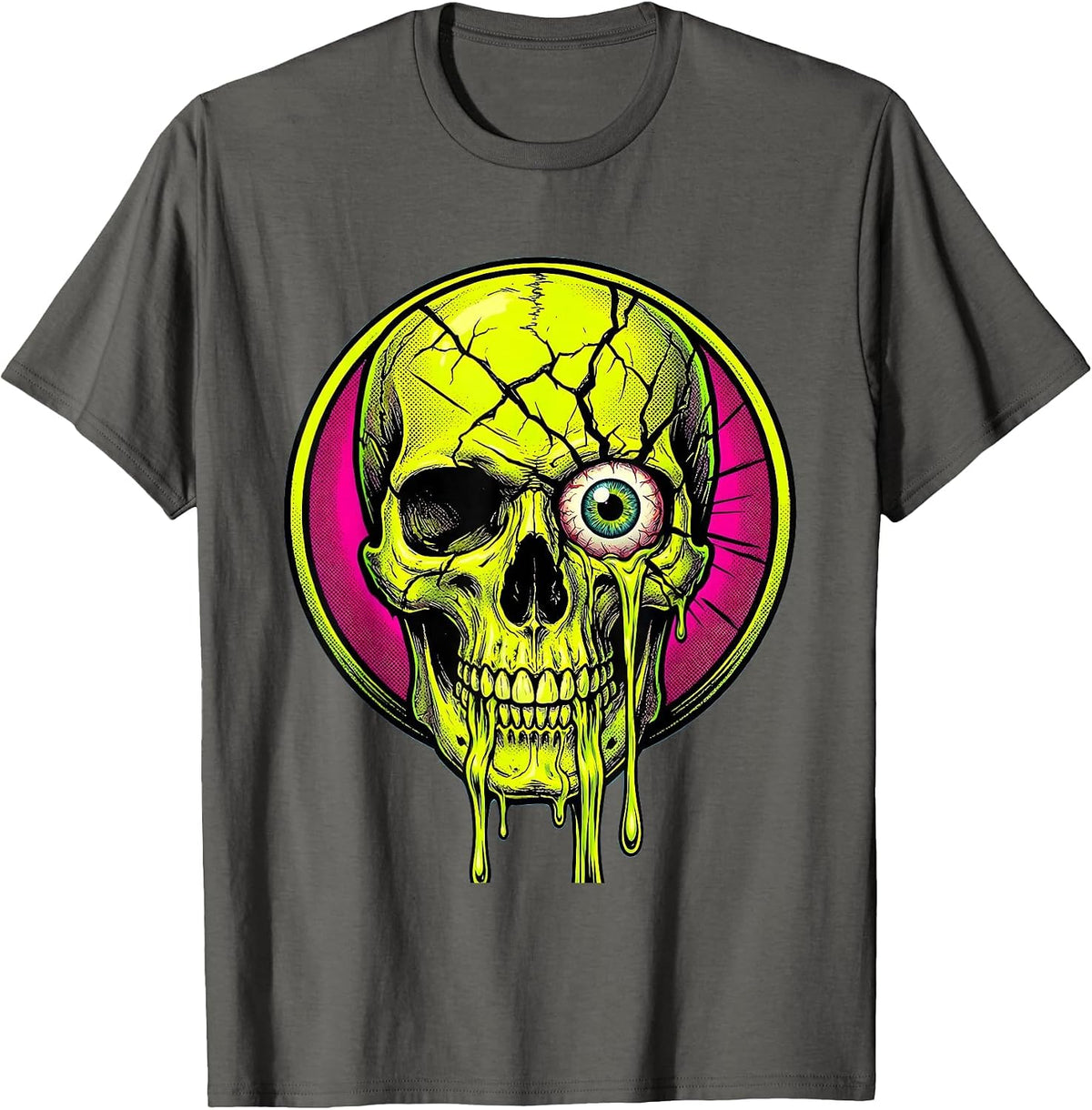 Cracked Skull Slime Ooze Graphic Design T-Shirt - Asphalt Grey