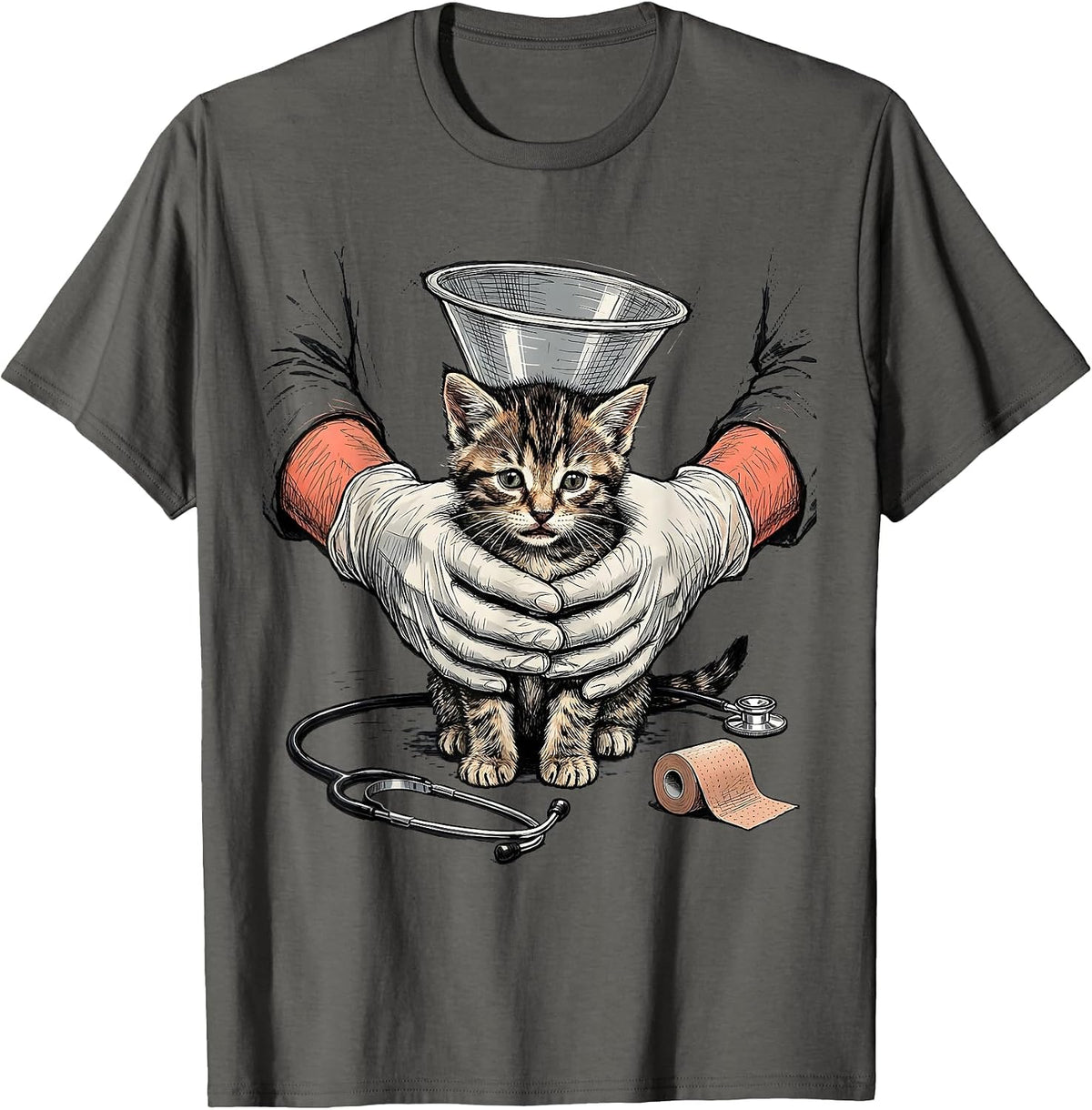 Cat Recovery Cone Veterinary Tech Vet Assistant Animal Care T-Shirt - Asphalt Grey