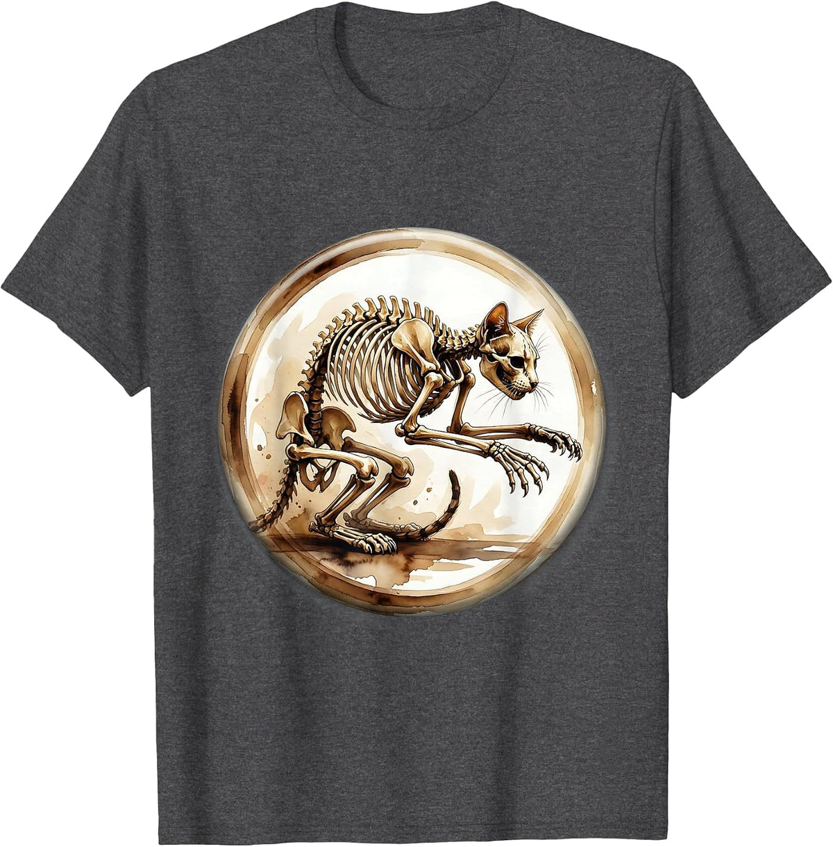Cat Skeleton Mid-Pounce Illustration T-Shirt - Dark Heather Grey