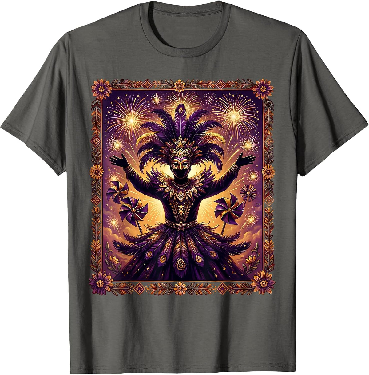 Mardi Gras Masked Reveler Fireworks Silhouette T-Shirt - Asphalt Grey