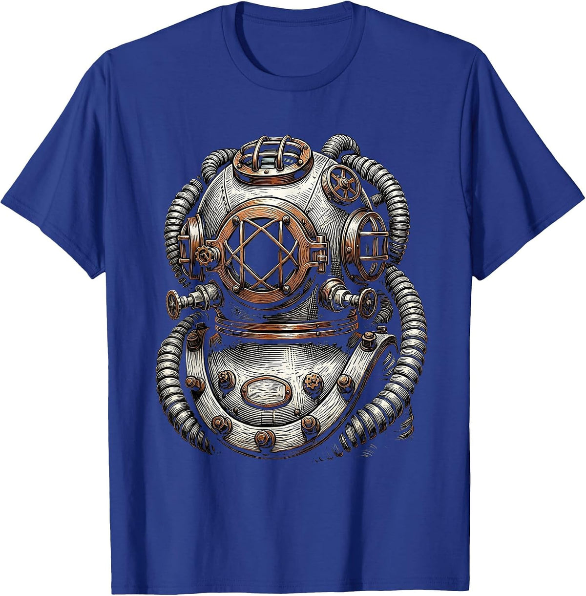 Steampunk Deep Sea Diver Helmet Copper Pipes Art T-Shirt - Royal Blue