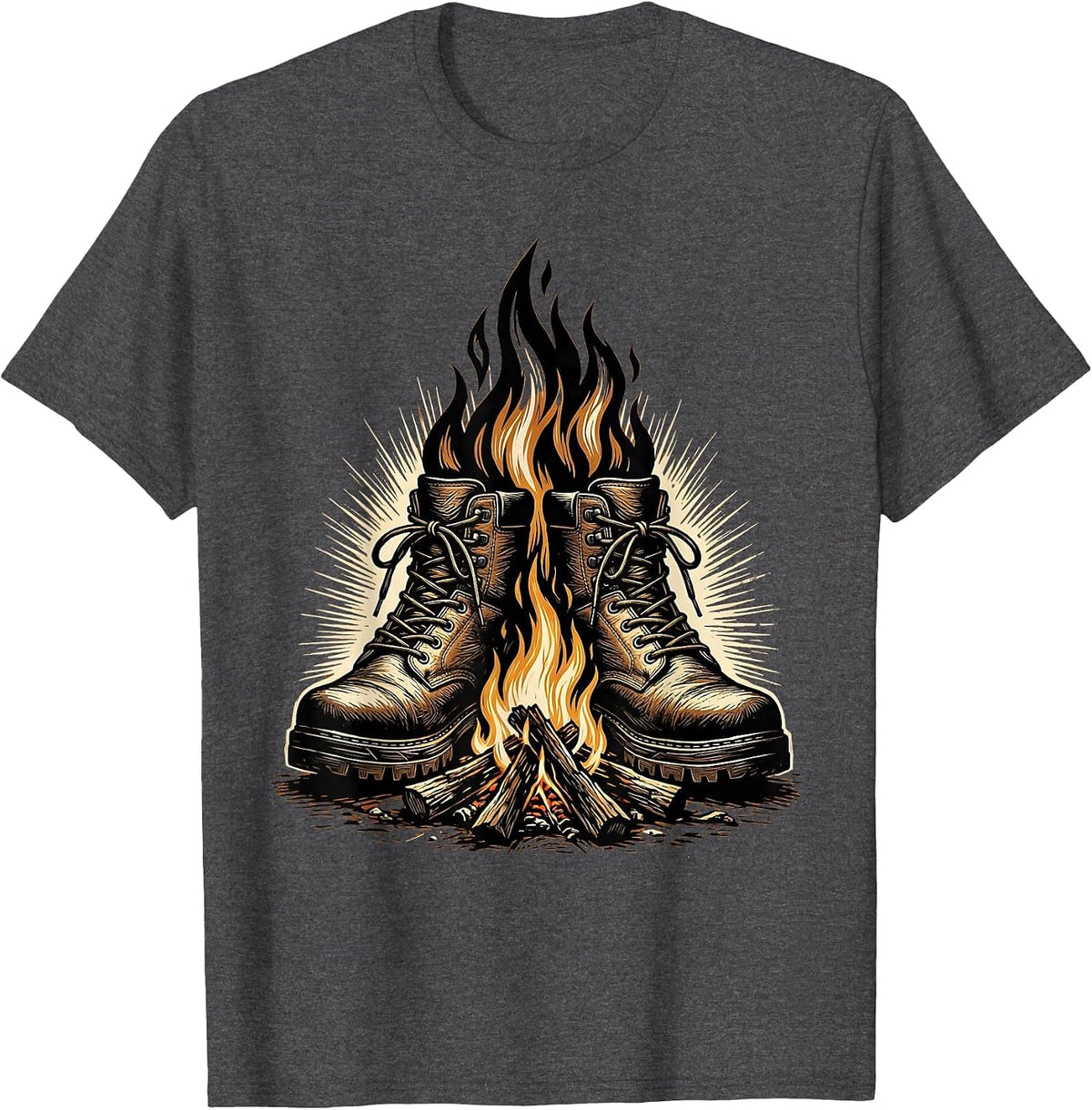 Hunting Boots Campfire Graphic Outdoors Design T-Shirt - Dark Heather Grey