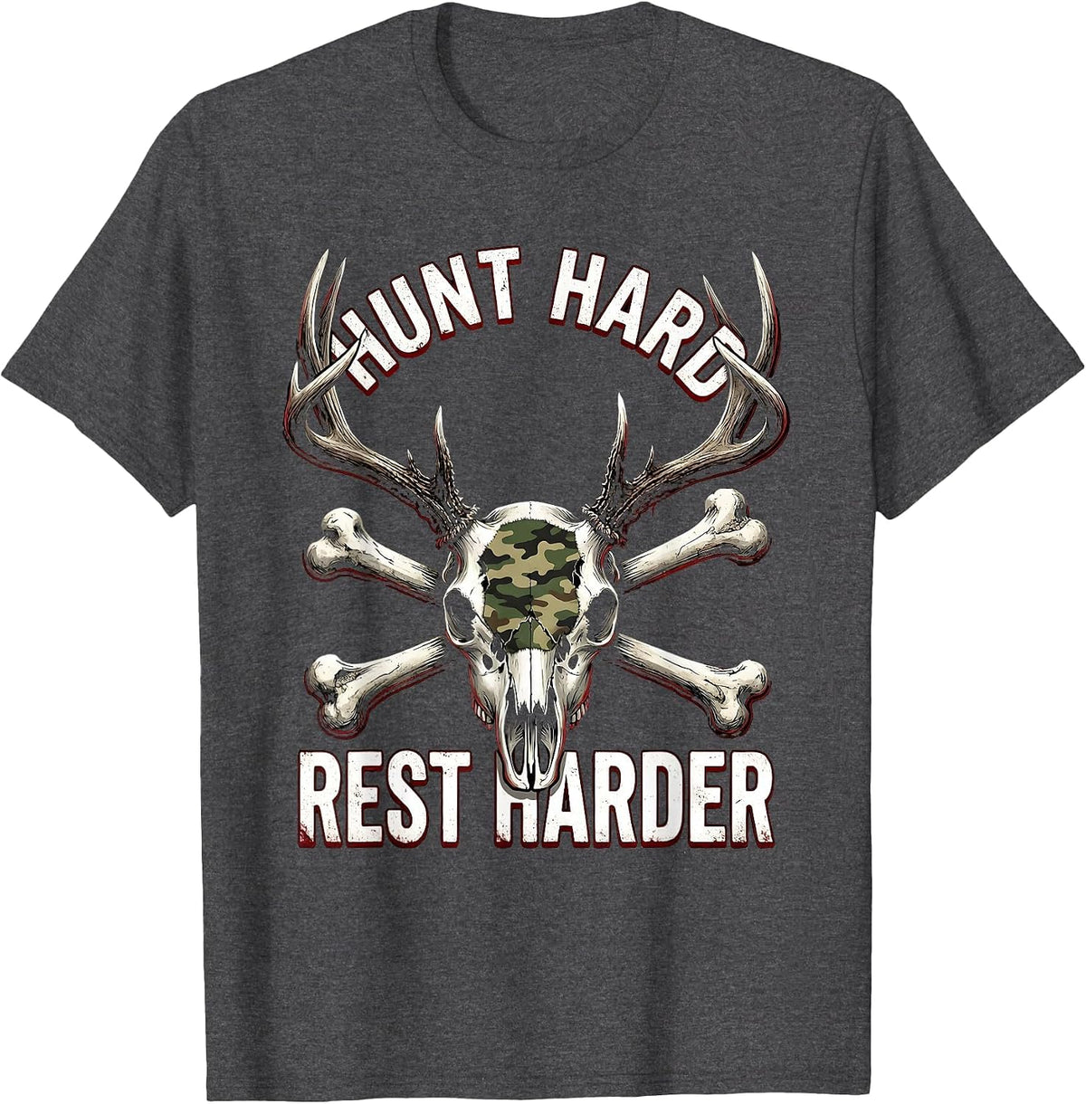 Men's Hunt Hard Rest Harder Camo Hunting Design T-Shirt - Dark Heather Grey