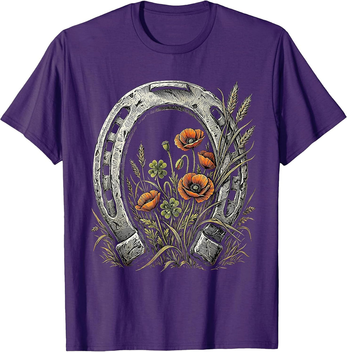 Men's Horseshoe Wildflowers Cowboy Western Floral Design T-Shirt - Purple