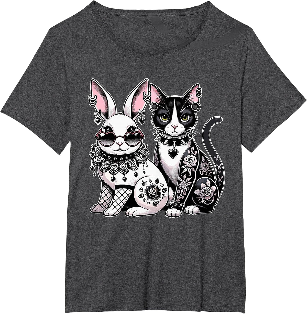 Gothic Punk Cat & Bunny with Tattoos & Piercings T-Shirt - Dark Heather Grey