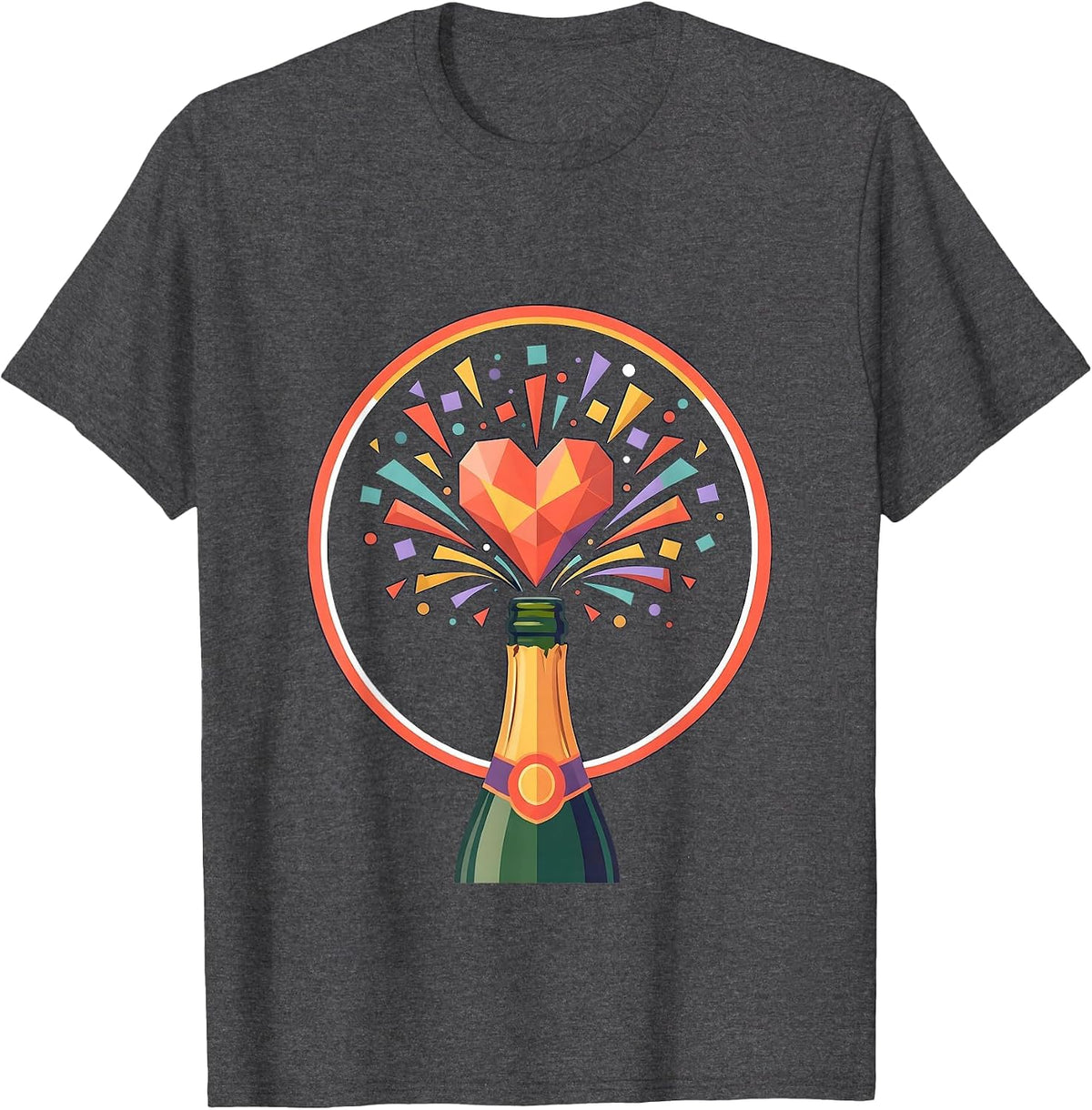 Birthday Champagne Bottle Confetti Heart Burst T-Shirt - Dark Heather Grey