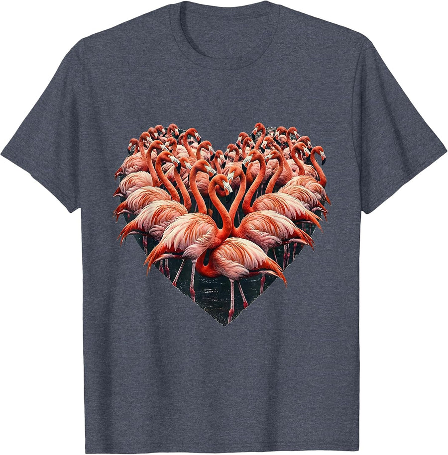Pink Flamingo Heart Flock Love Nature Design T-Shirt - Heather Blue