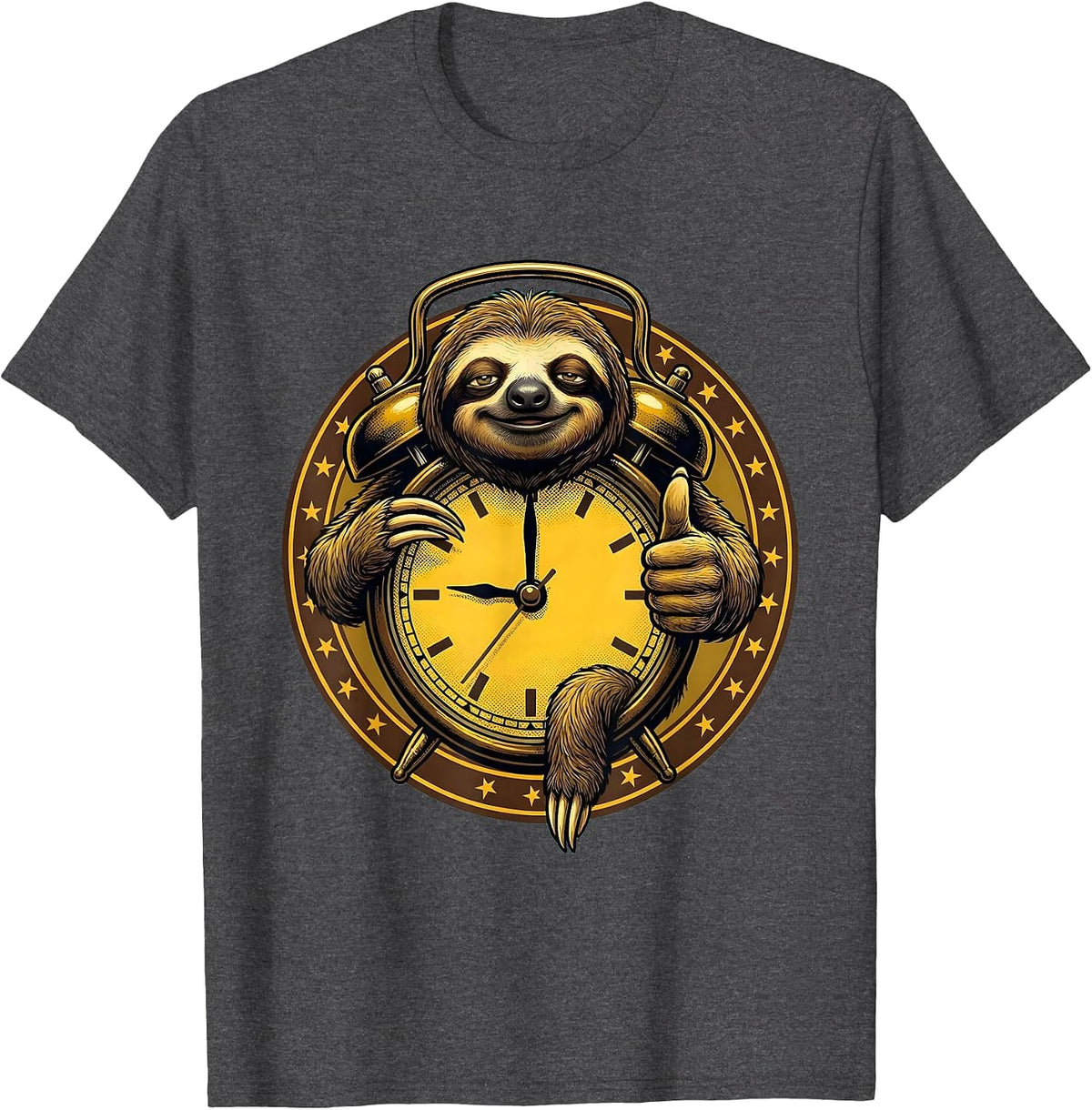 Sleepy Sloth Hanging on Alarm Clock Funny Tee T-Shirt - Dark Heather Grey