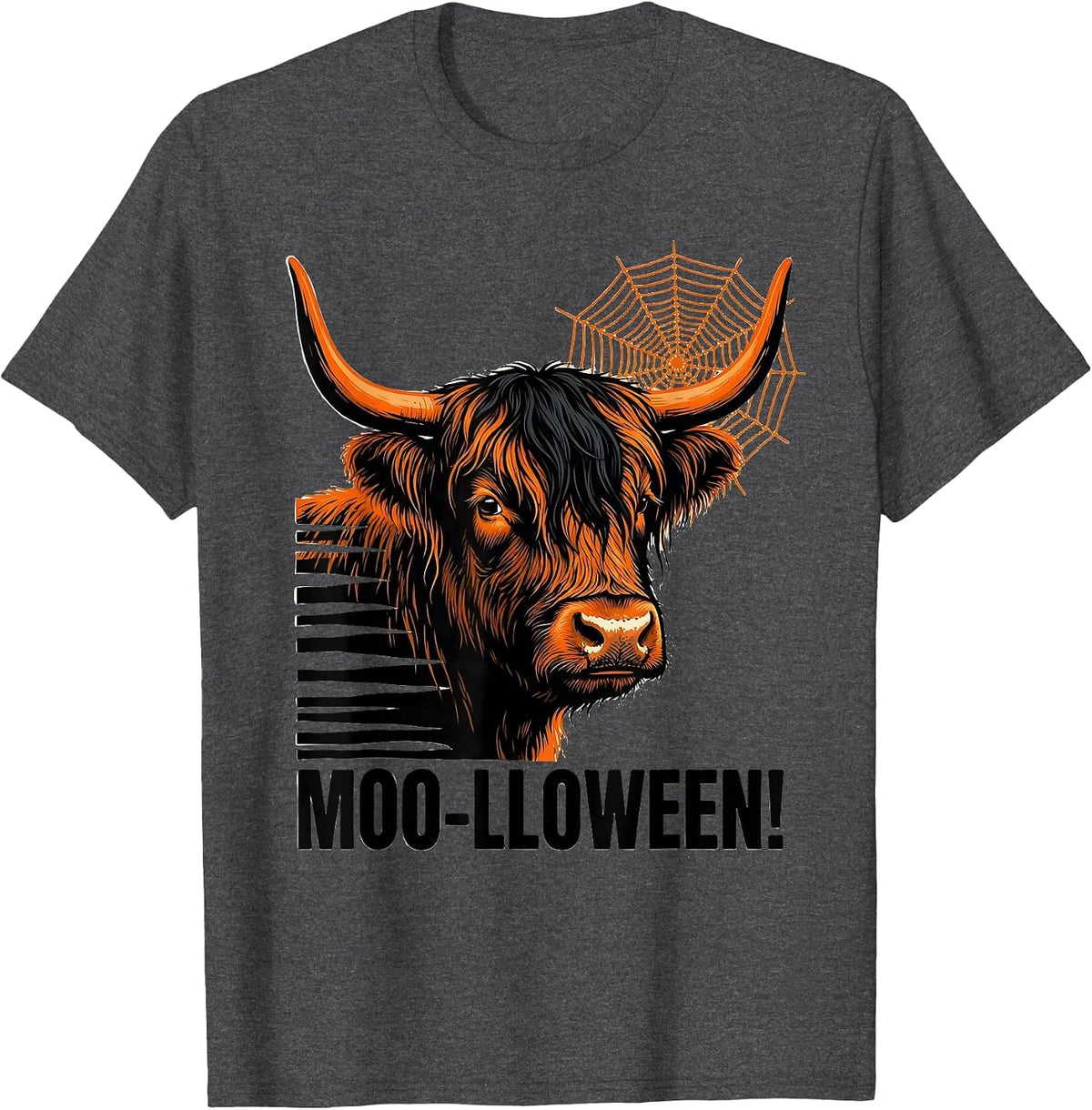 Men's Moo-lloween! Stencil Highland Cow Halloween Funny Costume T-Shirt - Dark Heather Grey