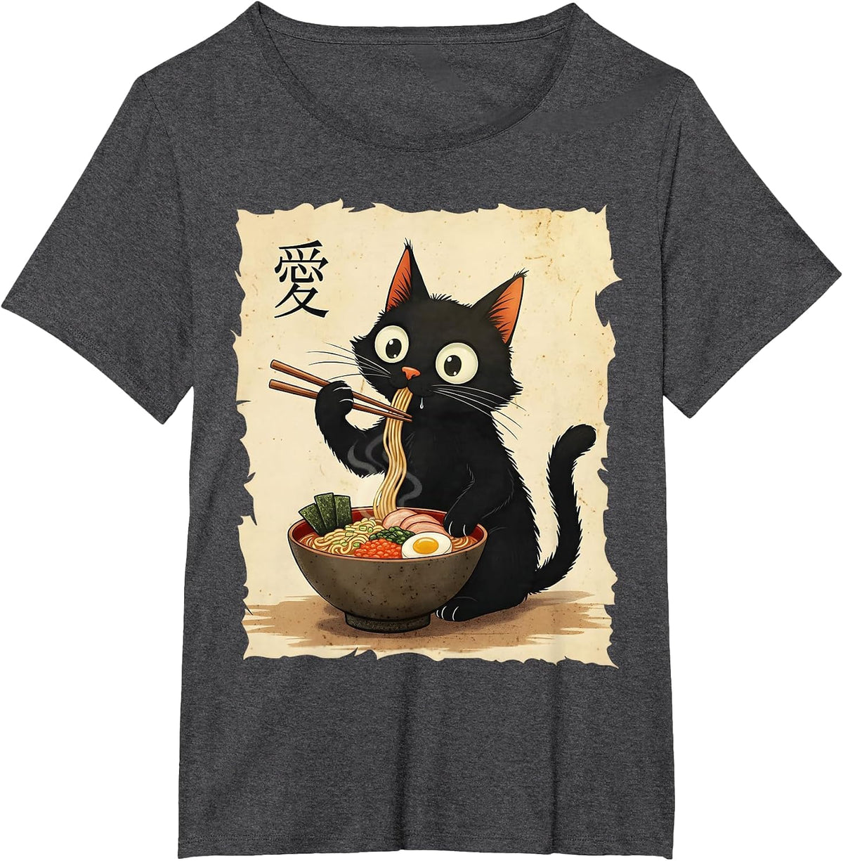 Cute Anime Cat Eating Ramen Japanese Noodle Graphic Art T-Shirt - Dark Heather Grey