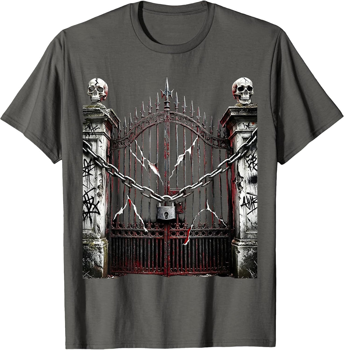 Men's Emo Cemetery Gate Wrapped in Chains Graphic T-Shirt - Asphalt Grey