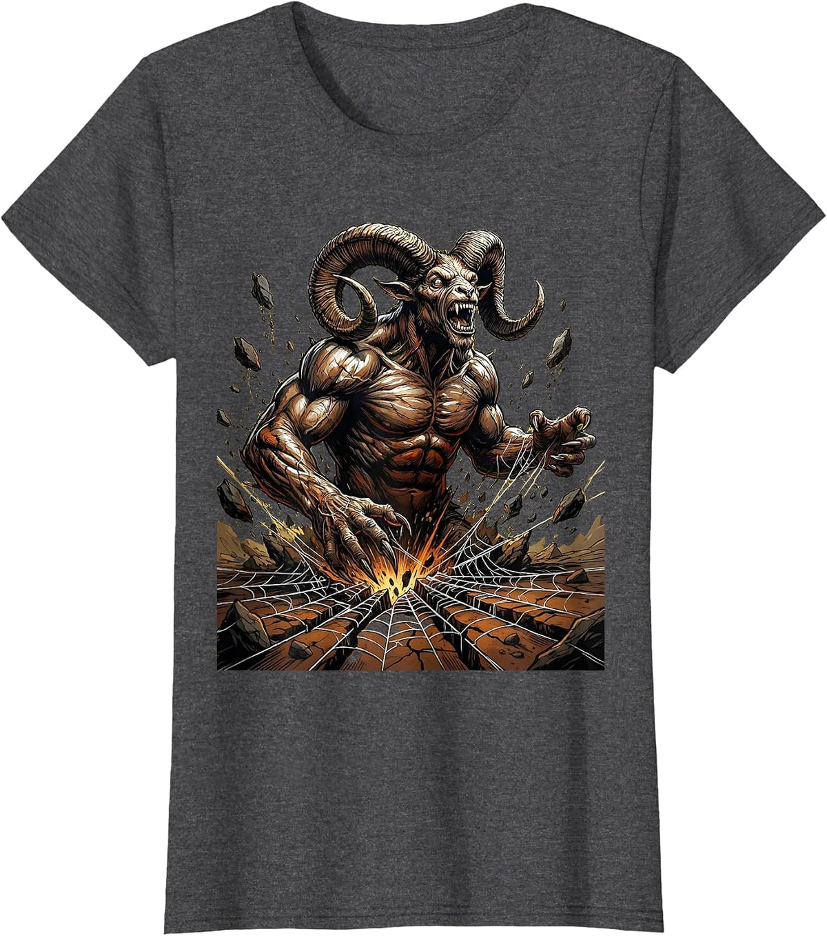 Women's Horned Demon Rising From Cracked Earth T-Shirt - Dark Heather Grey