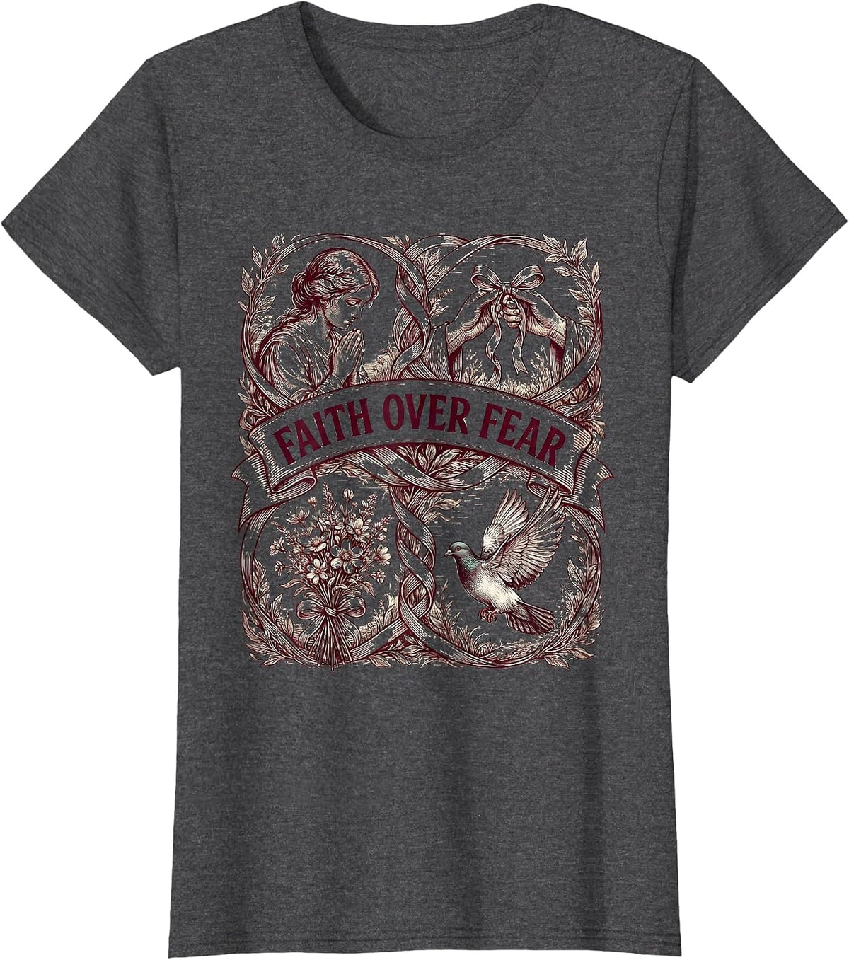 Women's Faith Over Fear Breast Cancer Awareness Design T-Shirt - Dark Heather Grey
