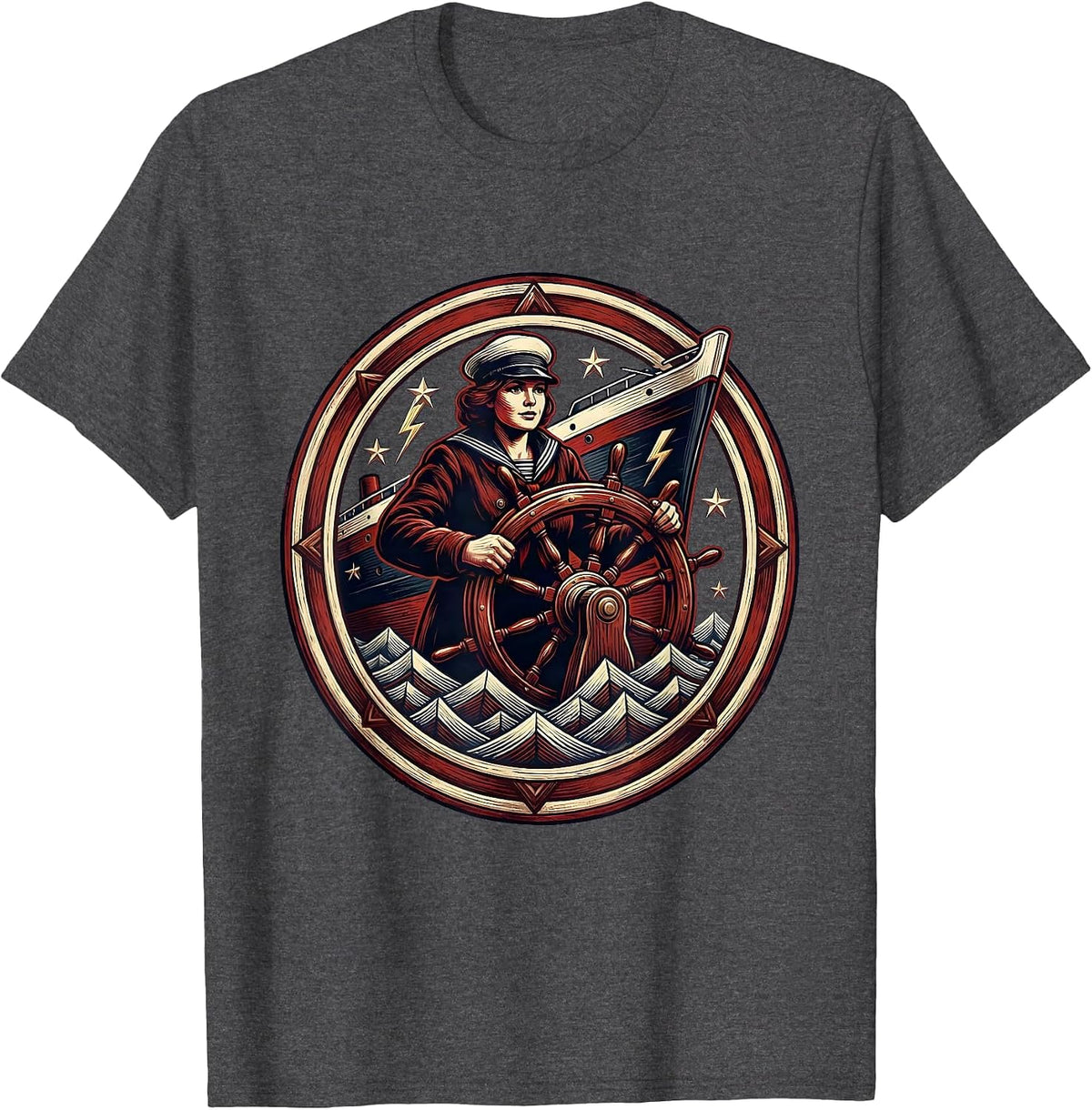 Labor Day Sailor Steering Ship Through Storm T-Shirt - Dark Heather Grey