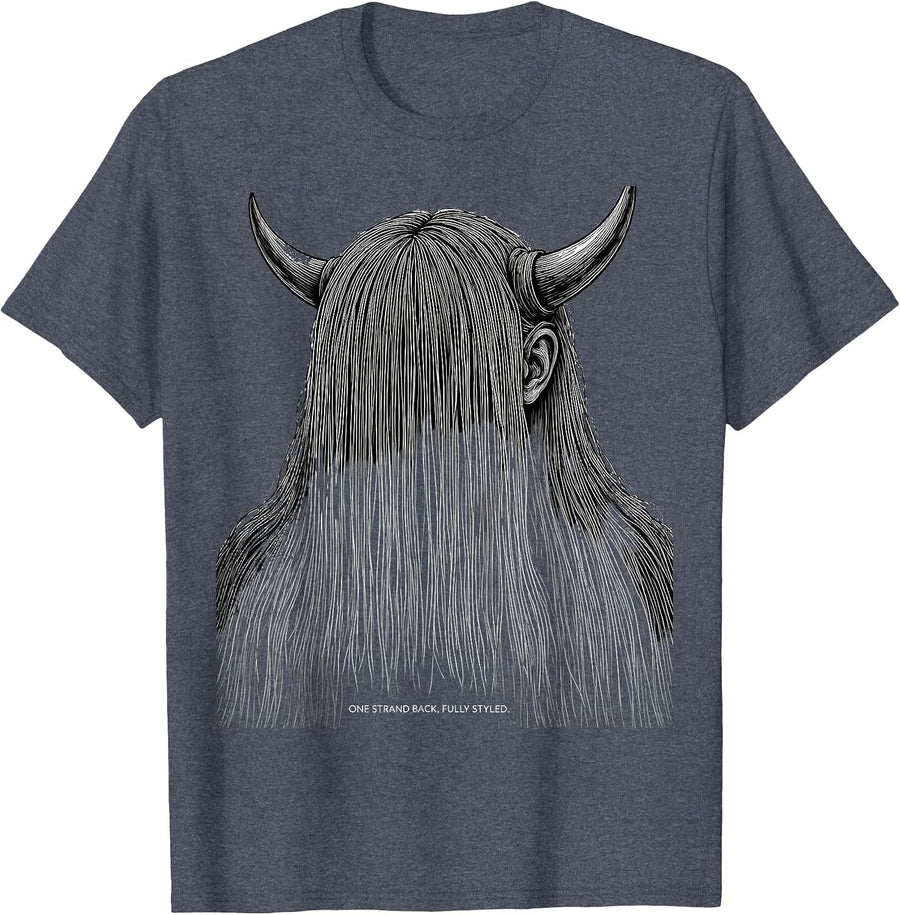 One Strand Back Fully Styled Funny Highland Cow Animal Lover T-Shirt - Heather Blue