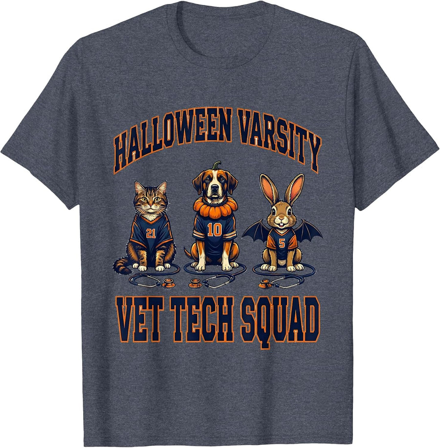 Halloween Varsity Vet Tech Squad Funny Veterinary Clinic T-Shirt - Heather Blue