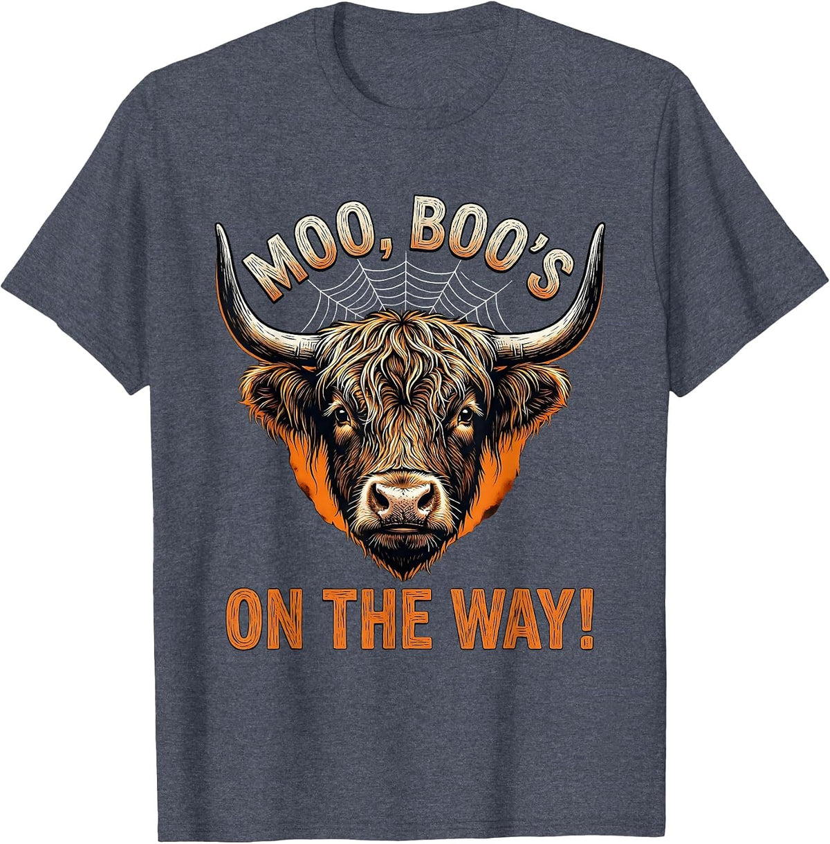 Moo, Boo's On The Way! Funny Highland Cow Halloween Fall T-Shirt - Heather Blue