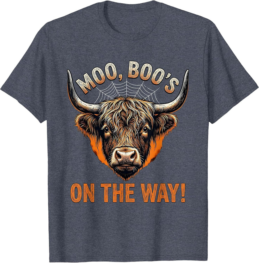 Moo, Boo's On The Way! Funny Highland Cow Halloween Fall T-Shirt - Heather Blue