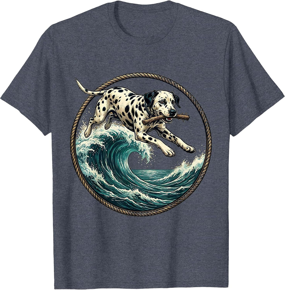 Dalmatian Fetching Stick Over Crashing Wave T-Shirt - Heather Blue