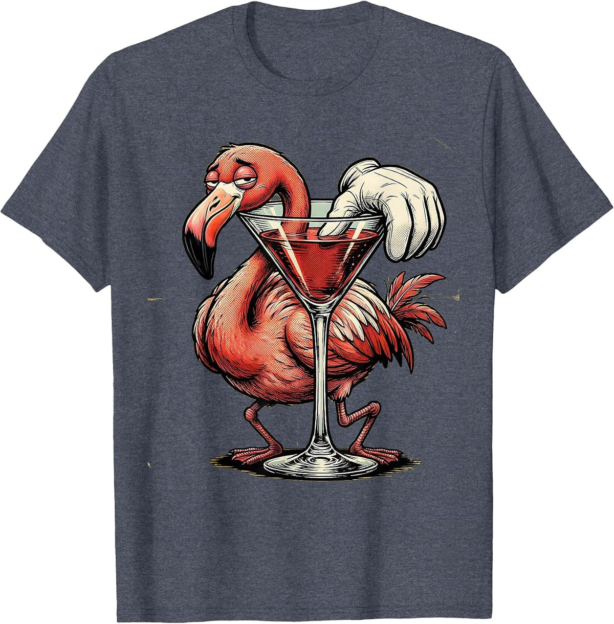 Tired Flamingo Cocktail Glass Funny Drinking T-Shirt - Heather Blue
