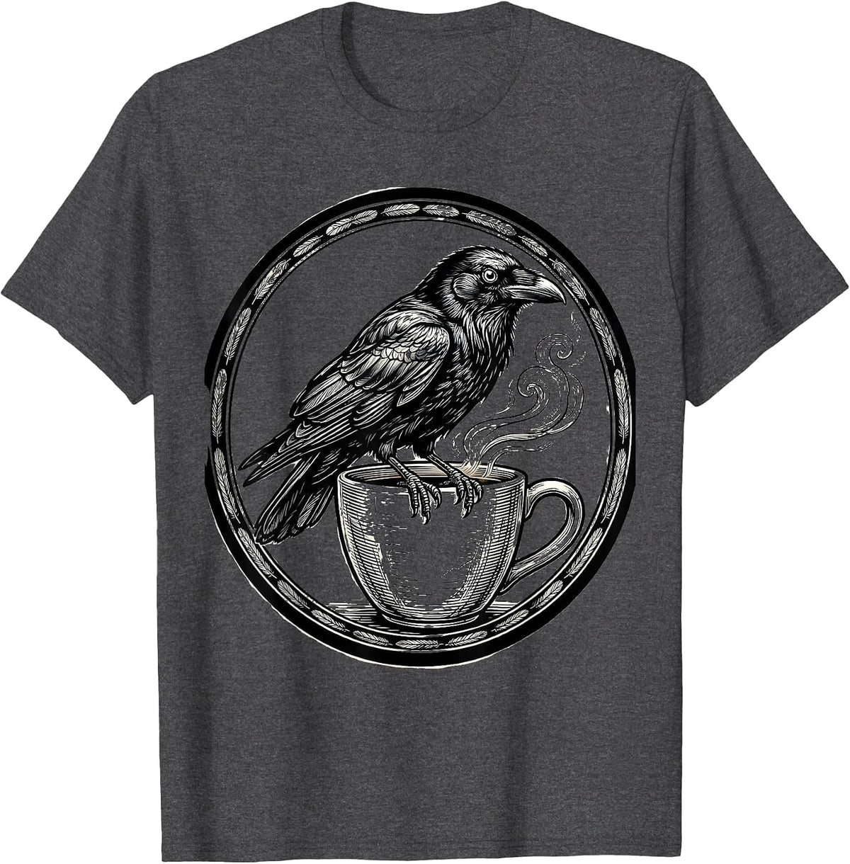 Crow Perched on Coffee Cup Side-Eye Illustration T-Shirt - Dark Heather Grey