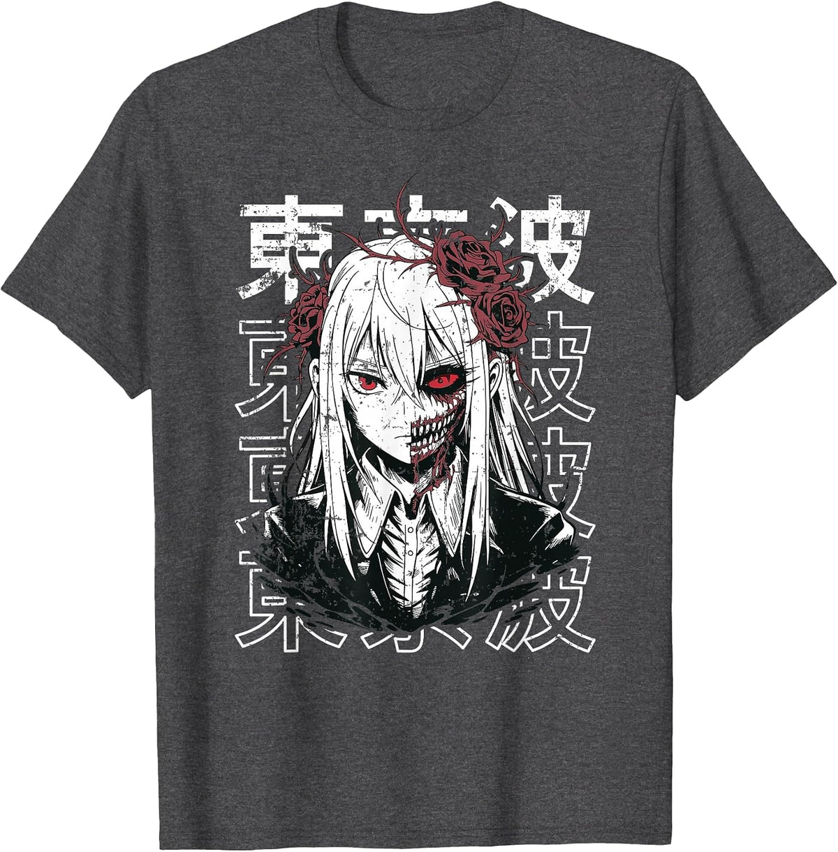 Horror Anime Goth Girl Oni Mask Creepy Japanese Horror Manga T-Shirt - Dark Heather Grey