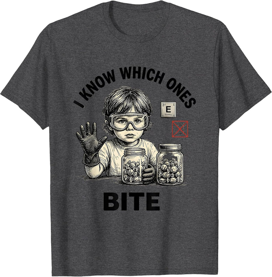 Men's I Know Which Ones Bite Funny Periodic Table Chemistry T-Shirt - Dark Heather Grey
