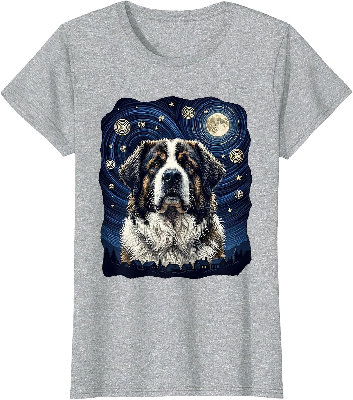 Women's Great Pyrenees Van Gogh Style Starry Night Portrait T-Shirt - Heather Grey