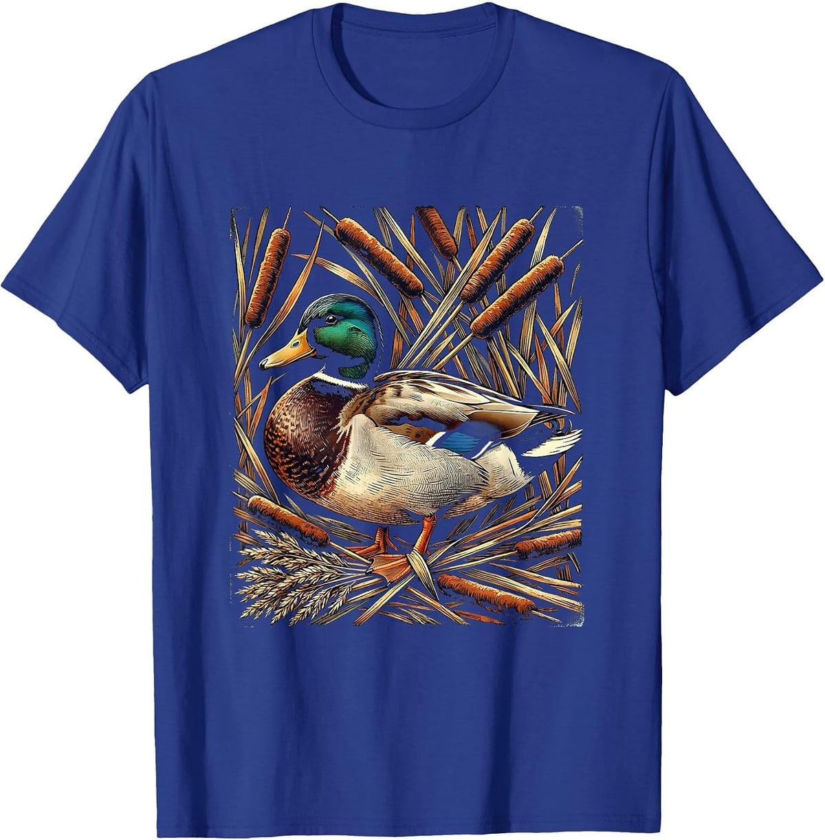 Duck Tangled in Cattails and Reeds Illustration T-Shirt - Royal Blue
