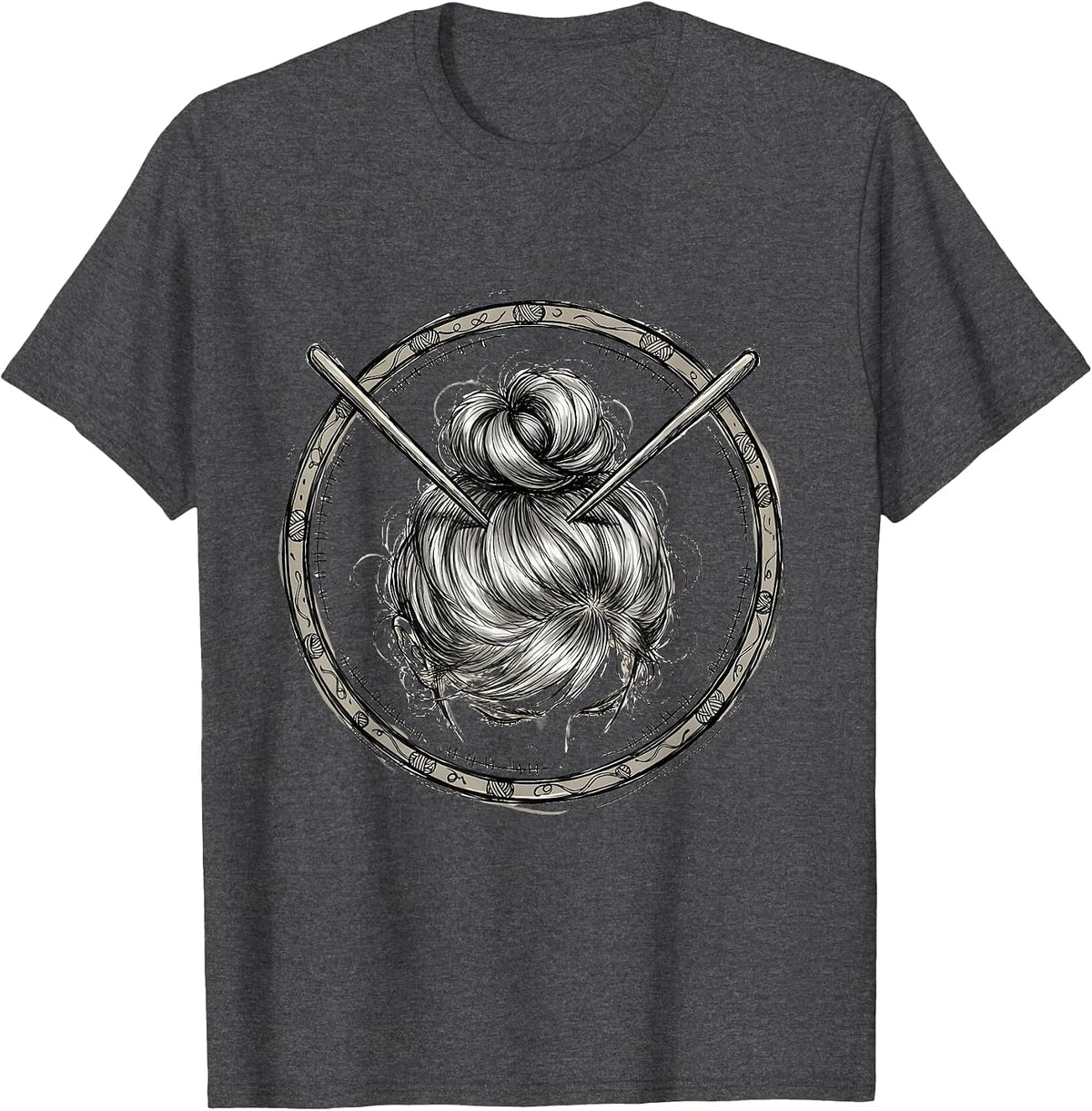 Nana Knitting Silver Bun Illustration T-Shirt - Dark Heather Grey