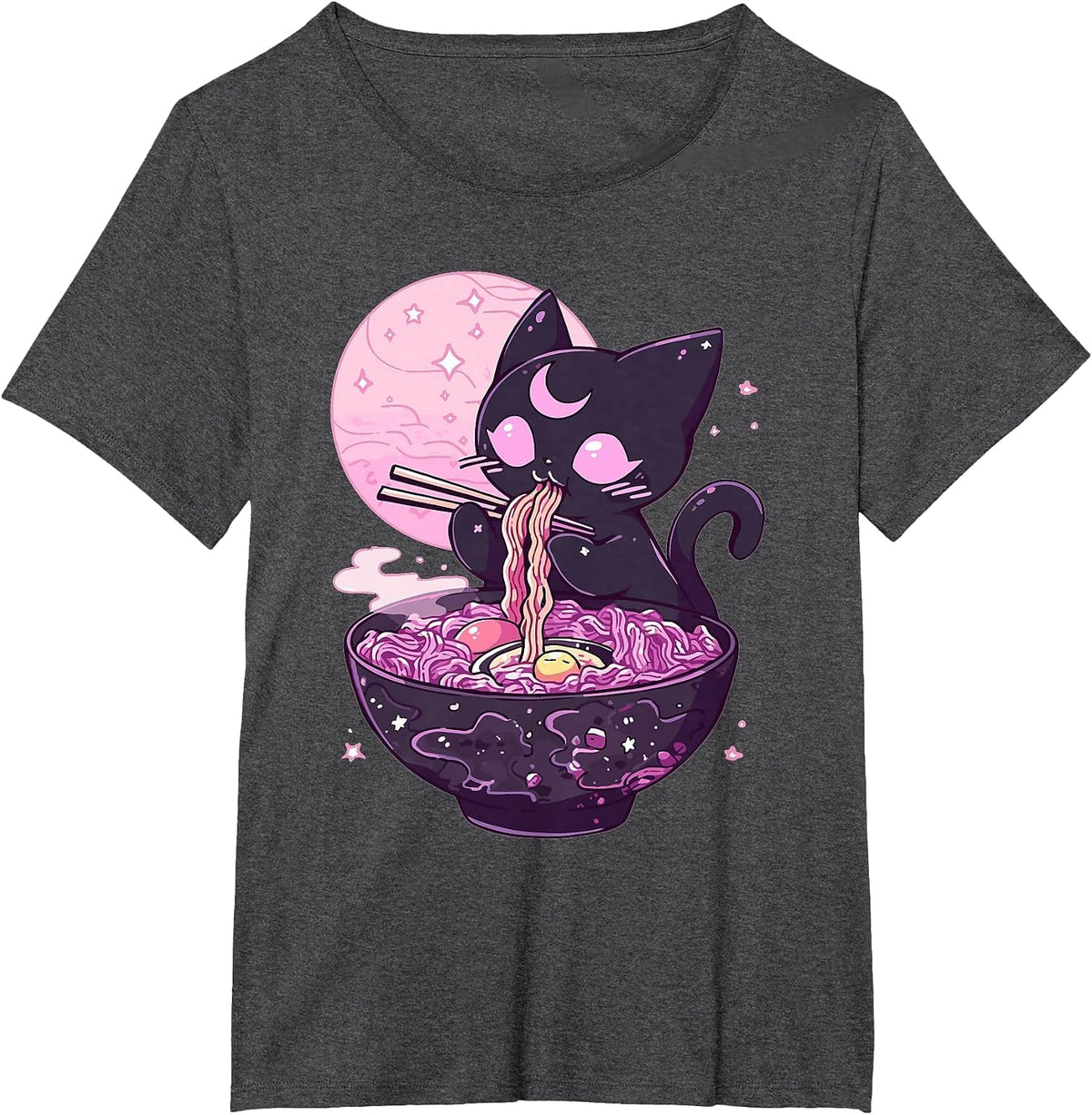 Pastel Goth Aesthetic Kawaii Creepy Cat Eating Ramen Noodles T-Shirt - Dark Heather Grey