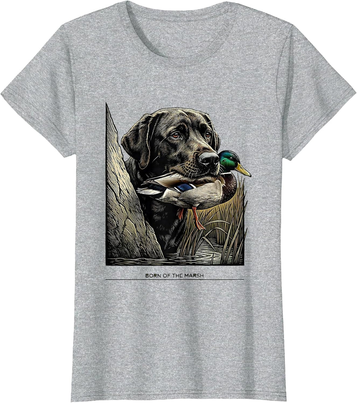 Born Of The Marsh Woodcut Hunting Dog Labrador Duck Youth T-Shirt - Heather Grey