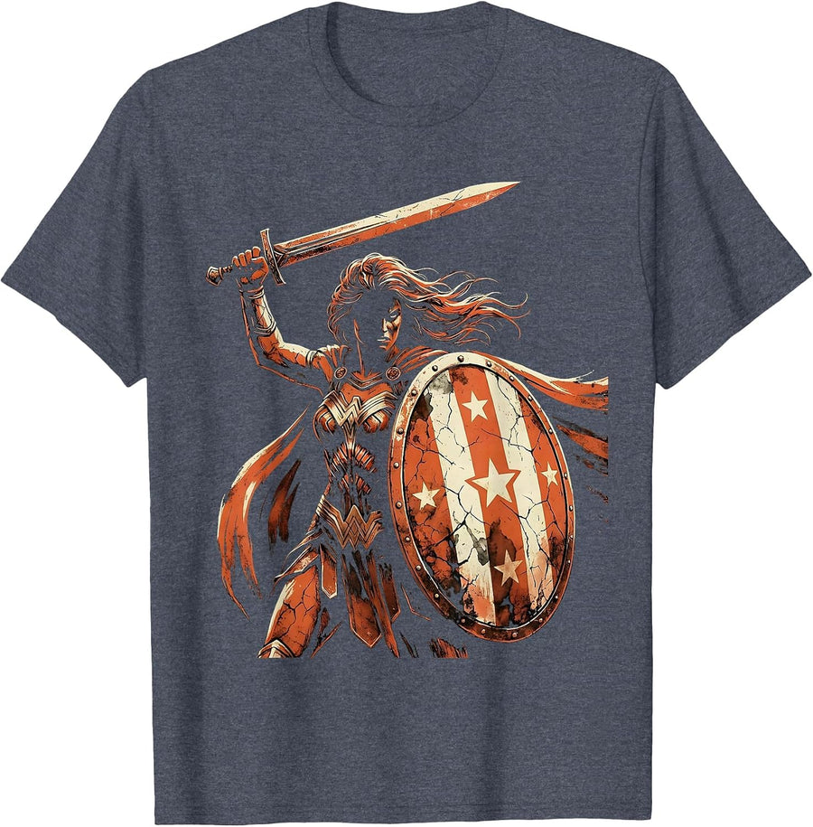 American Flag Warrior Shield and Sword Graphic T-Shirt - Heather Blue