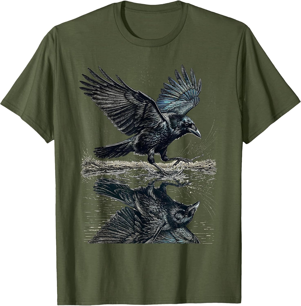 Crow Splashing Through a Puddle Reflection T-Shirt - Olive Green