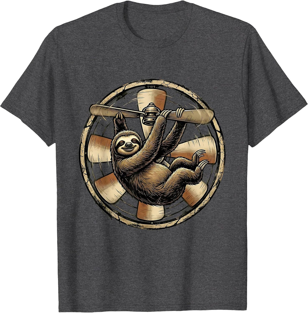 Lazy Sloth Hanging From Office Ceiling Fan T-Shirt - Dark Heather Grey