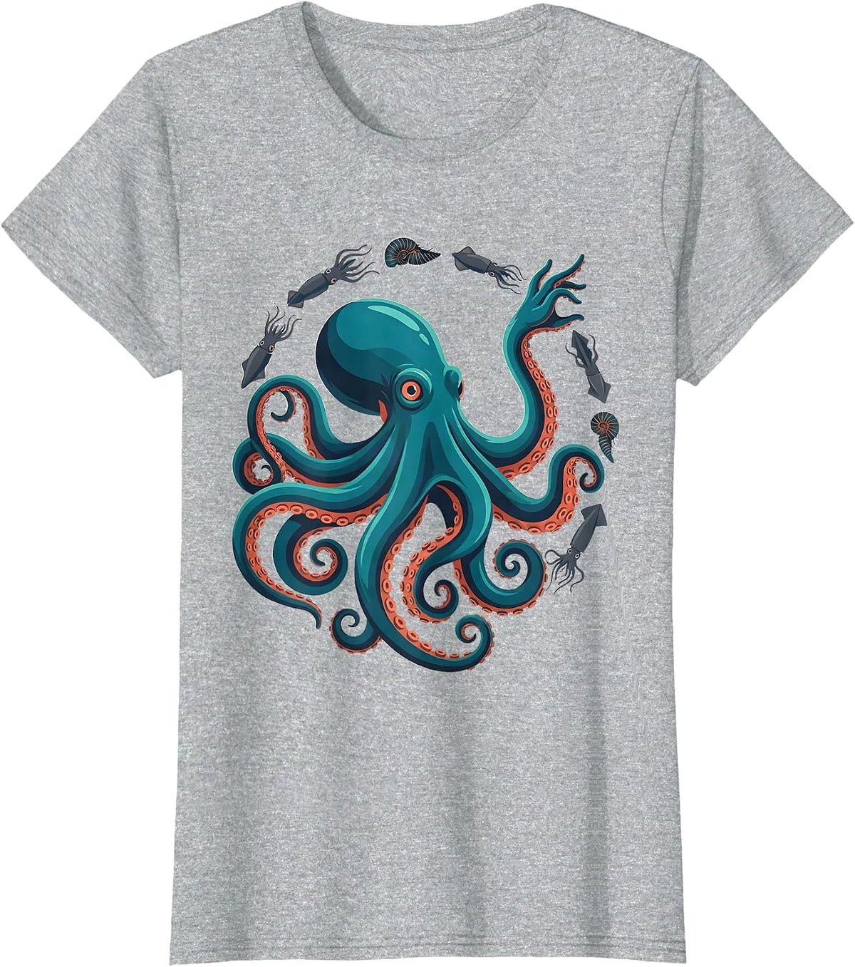 Women's Octopus Squid Cuttlefish Nautilus Sea Creature Marine Lover T-Shirt - Heather Grey