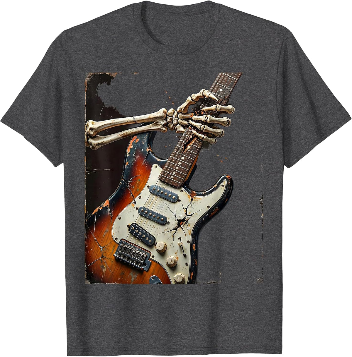 Skeleton Fingers Shredding Electric Guitar T-Shirt - Dark Heather Grey