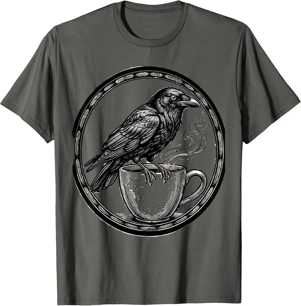 Crow Perched on Coffee Cup Side-Eye Illustration T-Shirt - Asphalt Grey