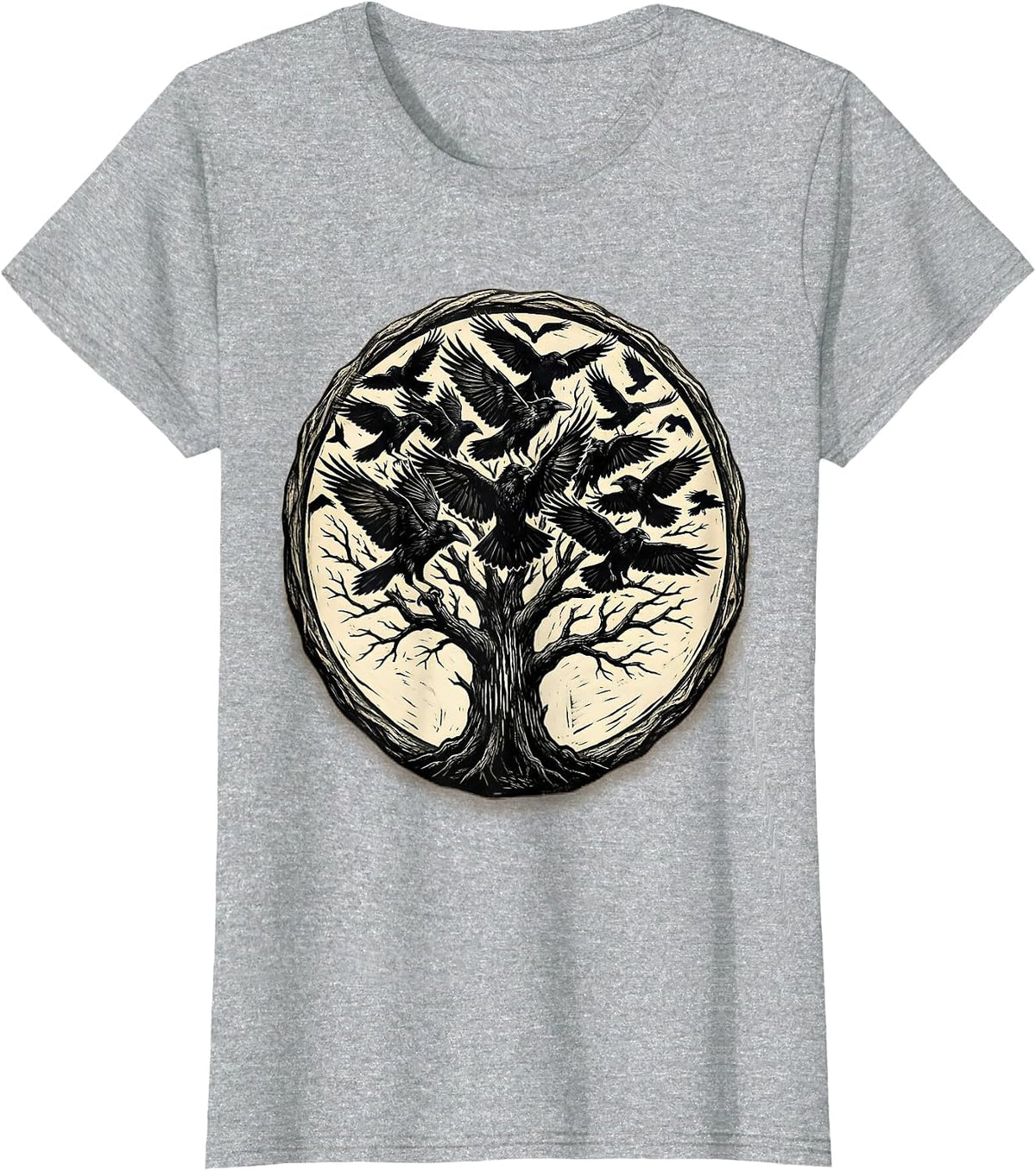 Women's Flock of Crows Bursting From Dead Tree T-Shirt - Heather Grey