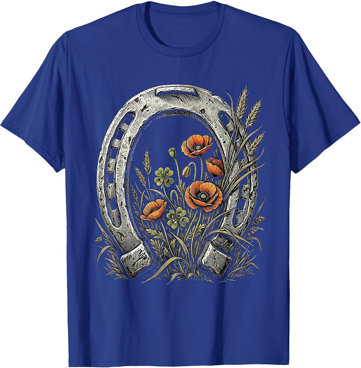 Men's Horseshoe Wildflowers Cowboy Western Floral Design T-Shirt - Royal Blue