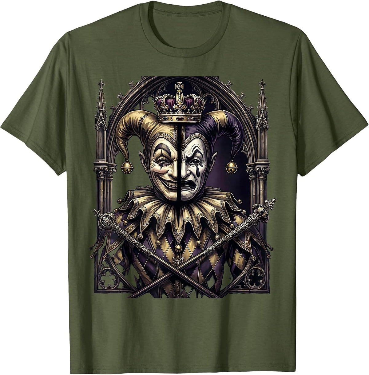Mardi Gras Two-Headed Royal Jester Design T-Shirt - Olive Green